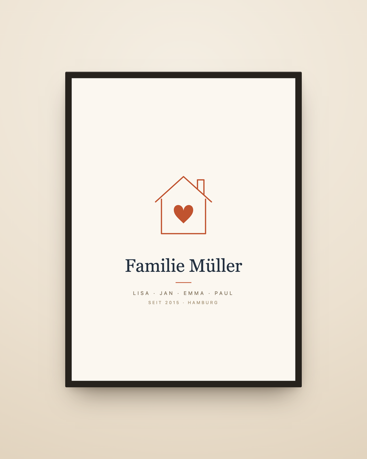 Personalisiertes Familienposter mit Familienname, Vornamen und Haus-mit-Herz-Motiv, gerahmt an der Wand