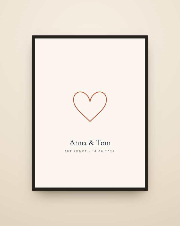 Personalisiertes Liebesposter mit Namen, Datum und Herz in Line-Art