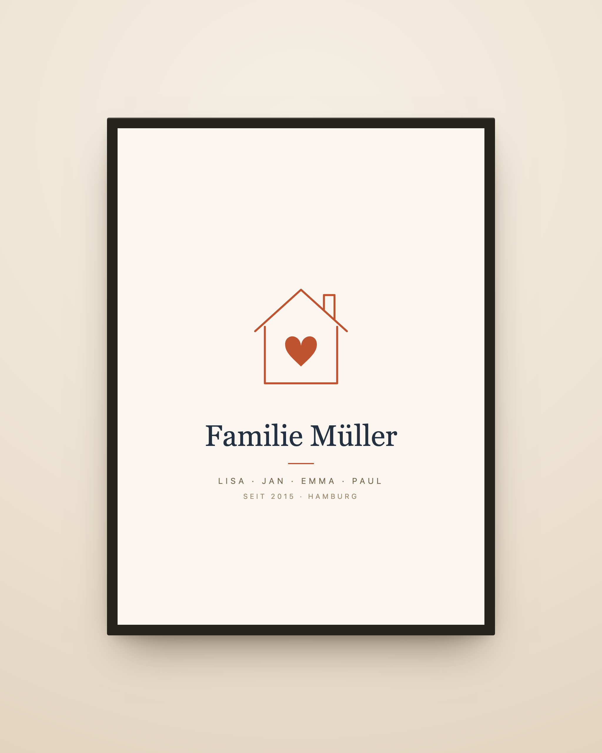 Personalisiertes Familienposter mit Familienname, Vornamen und Haus-mit-Herz-Motiv, gerahmt an der Wand
