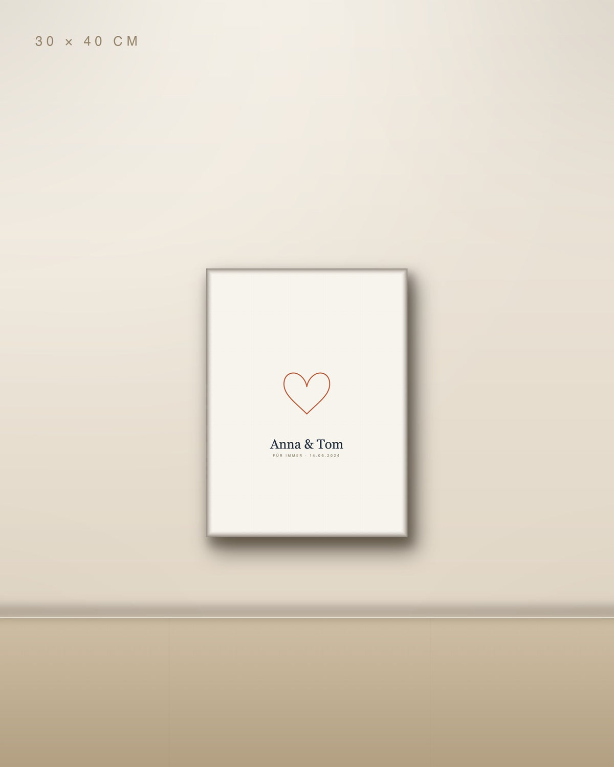 Personalisiertes Liebesposter 30 × 40 cm als Leinwand mit Keilrahmen an Wohnzimmerwand