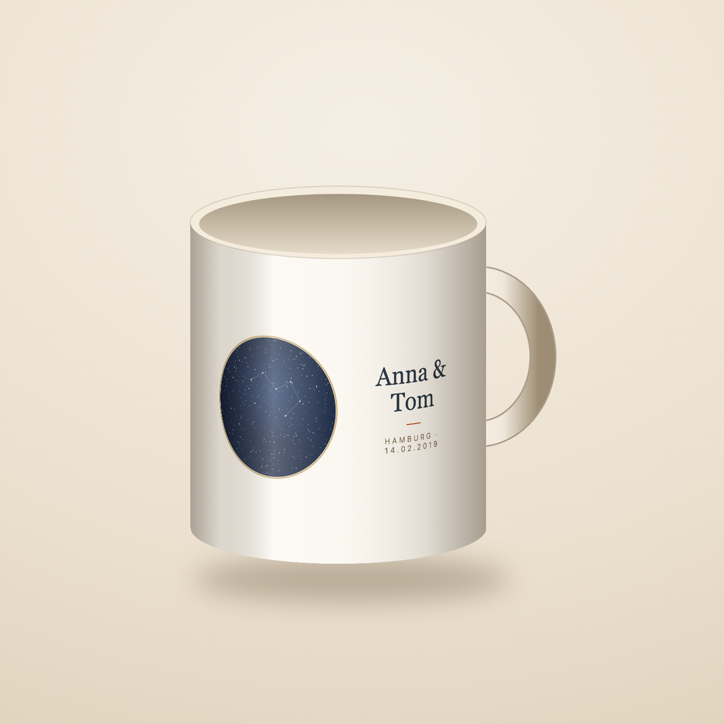 Personalisierte Sternenkarten-Tasse mit Sternenhimmel, Namen und Datum